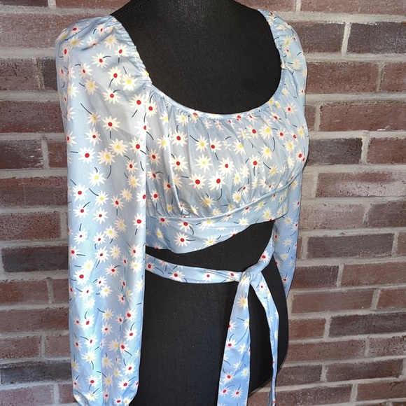 Long Sleeve Floral Crop Top Blouse with Tie Blue Red Yellow - Picture 3 of 10